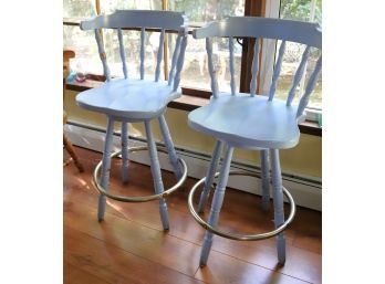 Pair Of Painted Blue Country Style Swivel Counter Stools With Metal Foot Rings