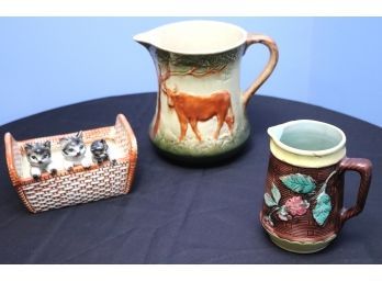 Vintage Ceramics, Kittens In A Basket Includes A Pitcher And Creamer