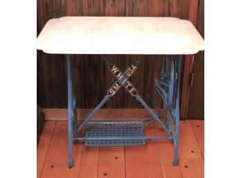 SM White USA Metal Sewing Table Base Conversion Painted In A Blue Tone With A Beveled Marble Top