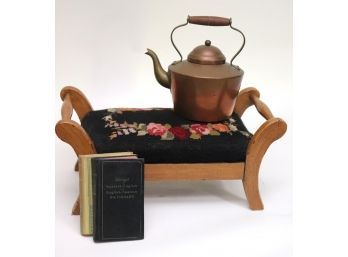 Vintage Copper Kettle With A Wood Handle, Vintage Books & Small Handmade Needlepoint Footstool With Handle