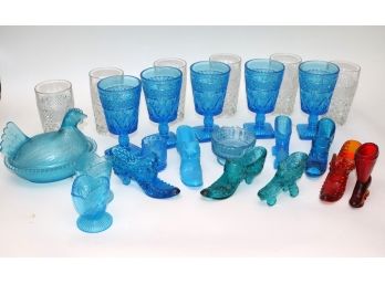 Assorted Vintage Blue Carnival Glass, Includes Fenton Glass Shoes, Glasses, Rooster Potpourri Holder