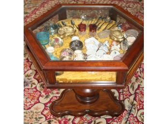 Vintage Hexagonal Shadowbox Table Filled With Collectibles