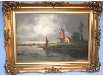 F. Kroger Signed Painting Of A Sailboat & Windmill In An Ornate Wood Frame With A Gilded Finish