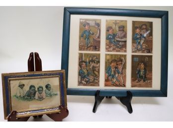 E.B Duval Copyright 1882 Framed Set Of Comical Prints & Vintage Framed American Piece Of Children Laying