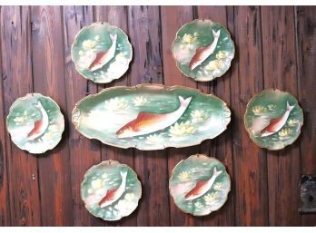 Antique French Hand Painted Limoges Fish Wall Plates With Gold Painted Detail Along The Edges