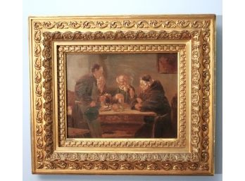 Antique Painting Signed By Eduard Gruetzner On Wood Panel In An Ornate Carved Wood Frame