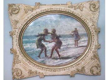 Vintage Print In An Ornate Carved Wood Frame Of Kids Playing By The Shore
