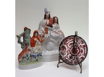 Antique Porcelain Sculpture Of A Man & Woman, Little Red Riding Hood Staffordshire & Etched Dish With A Sc