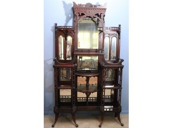 Antique Carved Wood Shelf With A Beveled Edge Mirror Glass Backsplash, Ornate Detailing Throughout, Brass