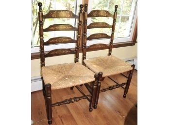 Pair Of Vintage Hitchcock Chairs With Woven Rush Seating And Stenciled Design On The Backrest, Good Condit