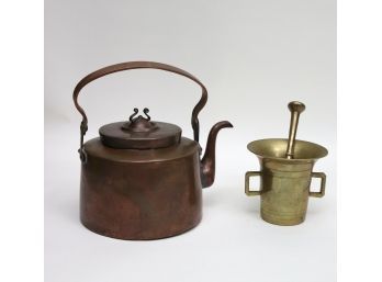 Antique Copper Kettle With Brass Pestle & Mortar