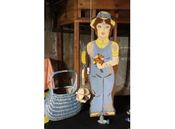 Vintage Folk Art Watering Sprinkler Accessory & Woven Basket Great For Yard Decor!