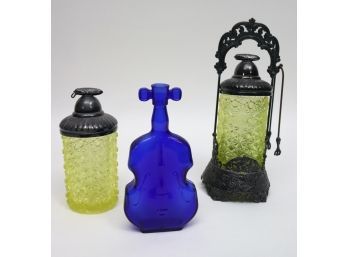 Vintage Yellow Etched Glass Cocktail Shakers, Cobalt Blue Bottle.