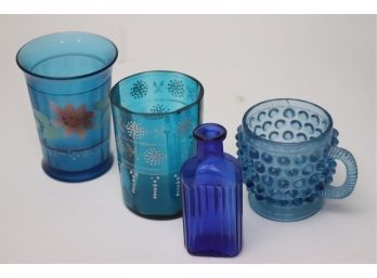 Collection Of Blue Glass Includes Hand Painted Urn Vase, Fenton Glass Vase, Cobalt Blue Glass Bottle & An