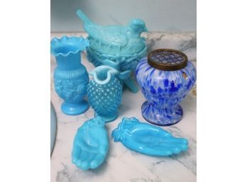 Collection Includes Vintage Fenton Glass/Carnival Glass, Small Vase, Blue Vase With Ruffled Edges