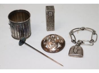 Vintage Sterling Items Includes A Small Sterling Pin, Basket, Lipstick Case, Pig Went To A Market Charm O
