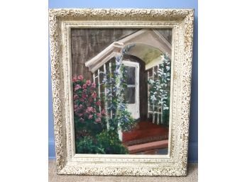 Floral Still Life Painted On Board In An Ornate Painted Wood Frame