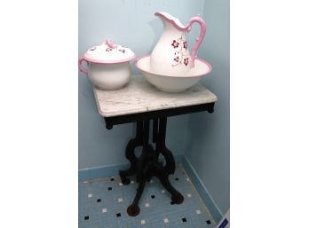 Vintage Chamber Pitcher And Bowl And Table By BD With Painted Floral Detail, Includes Chamber Pot