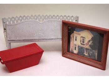 Antique Cast Metal Fireplace Log Holder, Includes A Framed Country Store Print & Real Home Red Dish
