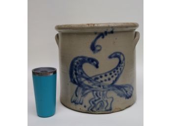 Large Antique Crock Stoneware With Handles & A Blue Painted Bird Design, Good Condition For The Age