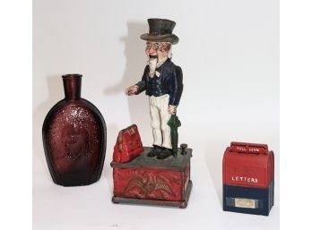 Vintage Metal Uncle Sam Coin Bank, Letters Mailbox Bank & Vintage Glasshouse Bottle 1888 Wheaton Millville