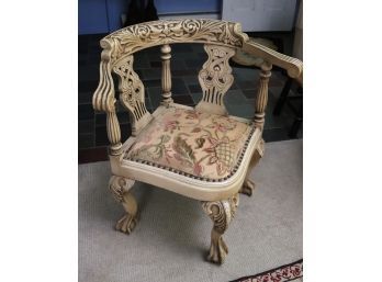 Highly Carved Wood Accent Chair With Nail Head Detailing & Tapestry Style Fabric