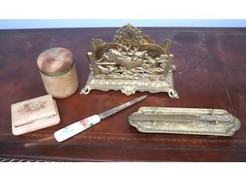 Vintage Collectibles Includes An Ornate Bradley & Hubbard Napkin, Polished Pink Stone Trinket Box & More