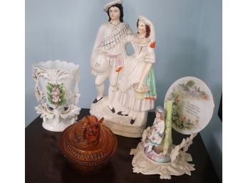 Collection Of Vintage Items Includes A Hand Painted Vase & Statue Of Courting Lovers