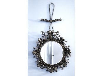 Vintage Brass Wall Mirror With Ornate Detail, Brass Plate On Back, Beveled Edge & Braided Rope Hanger
