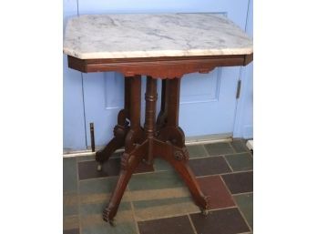 Antique Carved Wood Side Table With A Marble Top, Nice Condition