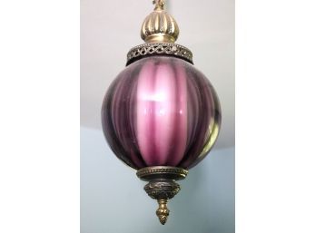 Vintage Pink Glass Pendant Light With Brass Accents