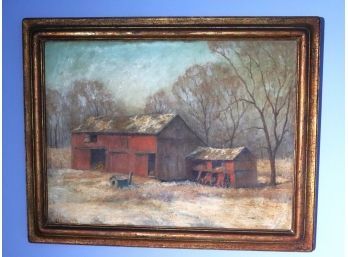 Rustic Painting Of A Barn & Trees Signed CH Harvey In A Gold Antiqued Frame In Very Good Condition