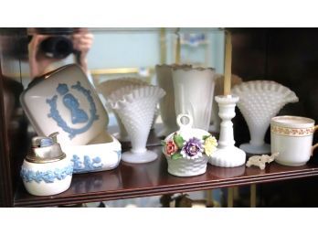 Collection Of Decorative Items Includes Matching Fenton Glass Vase Miniatures Wedgwood Queens Ware Lighte