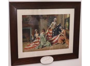 Vintage Americana Betsy Ross Flag Scene Print In A Vintage Wood Frame With A Small Embossed Plaque