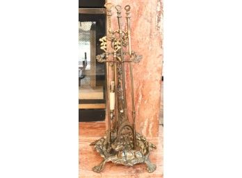 Brass Fireplace Tool Set With Decorative Stand Of Dog Laying Down