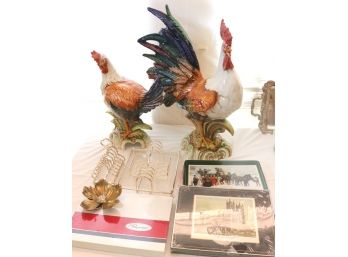 Set Of Intrada Italian Ceramic Roosters Made In Italy With Assorted PlaceMats Sets