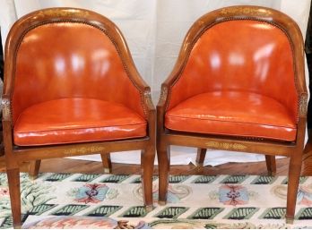 Pair Of Orange Leather Wood Cane Chairs With Studded Back And Removable Seat Cushion