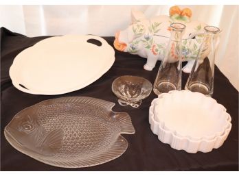 Floral Pig Soup Tureen From Italy With Assorted Decorative Trays And Wine Carafe