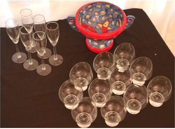 Lot Of Assorted Champagne Flutes And Tilted Dessert Cups With Ceramic Fruit Bowl