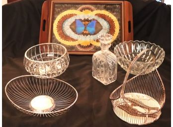 Beautiful Handmade Wood Butterfly Tray With Bright Colors Made From Real Wings With Assorted Baskets And Bowls