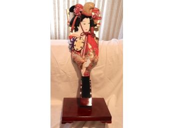 Asian Doll With Cultural Dress On Wood Stand Hand Painted And Stamped On Back