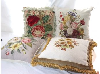 Set Of 4 Decorative Floral Pattern Needlepoint Pillows With Fringes And Tassels