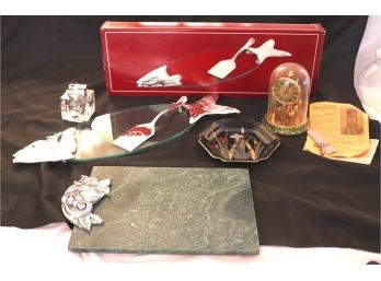 Assorted Lot Includes Fish Serving Platter With Server, Piezo Lighter &  Anniversary Clock By Kern