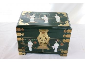 Large Green Asian Style Jewelry Box With Mother Of Pearl Design And Brass Hardware