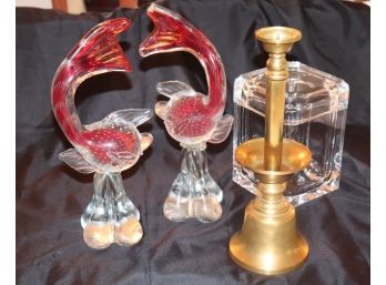 Blown Glass Murano Fish, Lucite Grainware Ice Bucket And Brass Candlestick
