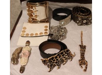Assorted Lot Of 5 Unique Belts Size Medium, 2 Hair Clips And 1 Metal Bending Tiger Pin
