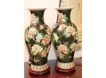 Pair Of 2 Chinese Black Floral Porcelain Vases On Rosewood Base
