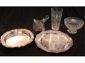 Silver Plate Trays With Ornament Shape Decanter And Prauge Crystal Bowl