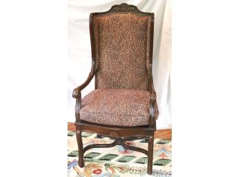 Carved Wood Leopard Print Wing Chair