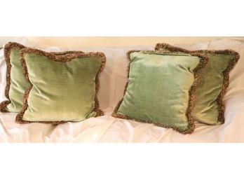 Lot Of 4 Decorative Green Velvet Pillows With Fringes